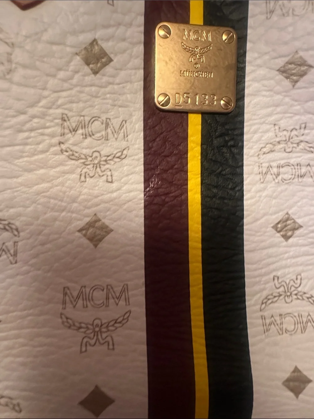 MCM White Logo Boston with Burgundy, yellow and Black Center Stripe